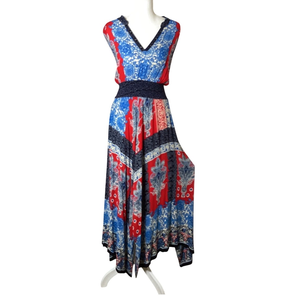 Bila Paisley Maxi Dress Womens Large Red Blue Boho Festival Summer Peasant Gown